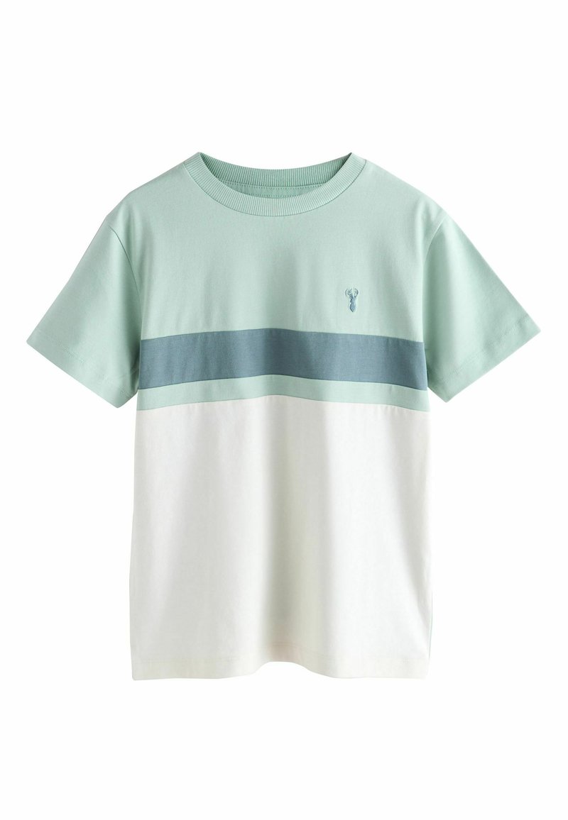 Maglietta a maniche corte verde menta e bianca, con strisce orizzontali, banda blu scuro e piccolo logo sul petto.