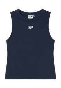 Camiseta sin mangas de color azul marino hecha de algodón; presenta un pequeño logo blanco de Puma en el pecho; textura suave y diseño ajustado.