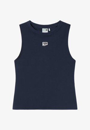 Camiseta sin mangas de color azul marino hecha de algodón; presenta un pequeño logo blanco de Puma en el pecho; textura suave y diseño ajustado.