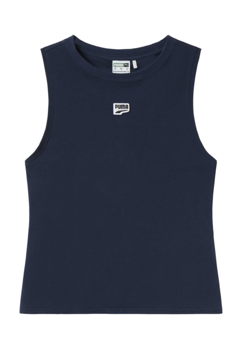 Camiseta sin mangas de color azul marino hecha de algodón; presenta un pequeño logo blanco de Puma en el pecho; textura suave y diseño ajustado.