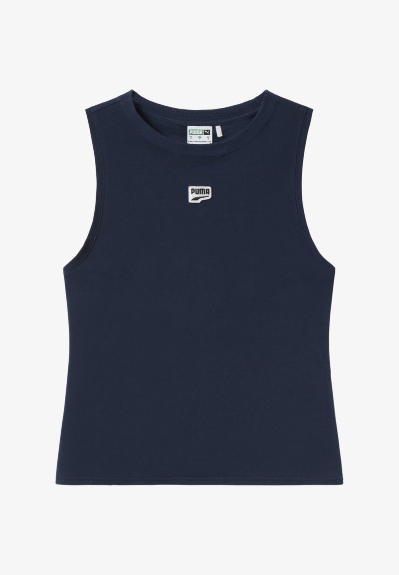 Camiseta sin mangas de color azul marino hecha de algodón; presenta un pequeño logo blanco de Puma en el pecho; textura suave y diseño ajustado.
