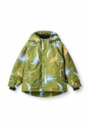 Veste à capuche verte pour enfant avec motifs de dinosaures, fermeture éclair frontale, boutons-pression et deux poches zippées, isolée sur fond blanc.