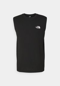 Černé bezrukávové tričko s kulatým výstřihem a logem The North Face v bílé barvě na levé části hrudi na bílém pozadí.