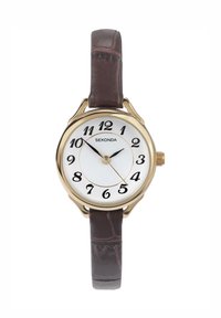 Montre-bracelet dorée avec un cadran blanc, de grands chiffres noirs et un bracelet en cuir marron avec une finition texturée. Marque : Sekonda.