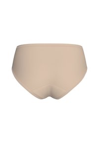 Beige brief-style underwear with a smooth texture, high waist, and a simple design. Subtle stitching detail along the edges for reinforcement.