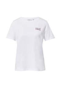 Weißes Baumwoll-T-Shirt mit kurzen Ärmeln, rundem Ausschnitt und einem kleinen, violetten gestickten Text auf der linken Brust mit der Aufschrift "Freude am Sein."