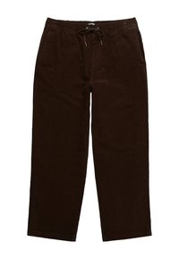 Brown corduroy pants with a relaxed fit, elastic waistband, and drawstring, featuring side pockets and a soft texture.