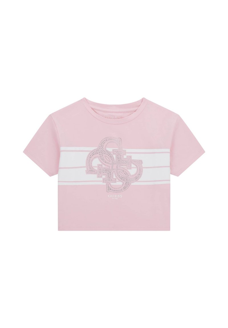 Rozā īsā krekliņa no kokvilnas. Izceļas ar baltām horizontālām svītrām un dekoratīvu logotipu ar rhinestones centrā. Īsas piedurknes.