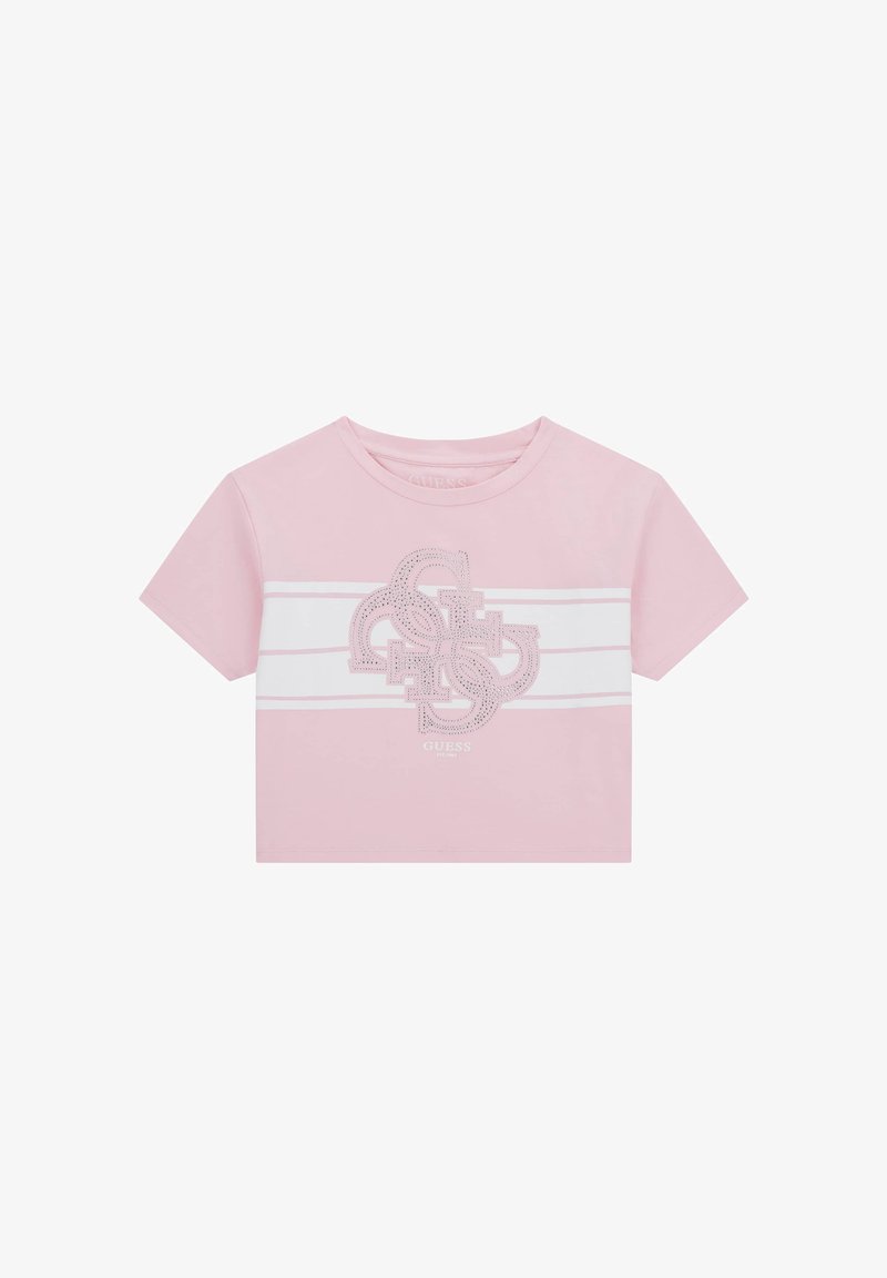 Růžové zkrácené tričko vyrobené z bavlny. Má bílé horizontální pruhy a dekorativní logo s kamínky uprostřed. Krátké rukávy.