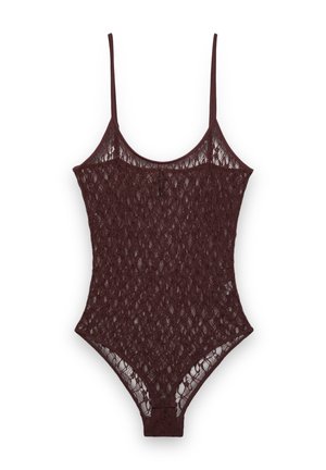 Body en dentelle marron foncé avec fines bretelles et encolure dégagée, présentant un motif floral et un design transparent.