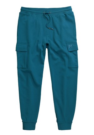 Pantalones jogger teal hechos de tejido suave, con cintura elástica, cordón ajustable, bolsillos laterales y un bolsillo de parche en la pierna izquierda.