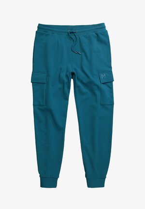Pantalones jogger teal hechos de tejido suave, con cintura elástica, cordón ajustable, bolsillos laterales y un bolsillo de parche en la pierna izquierda.
