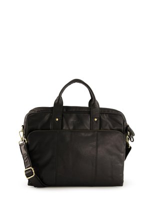 Schwarze Leder-Laptoptasche mit doppelten Griffen, verstellbarem Schultergurt, Fronttasche und sichtbaren Nähten. Mit goldenen Akzenten.