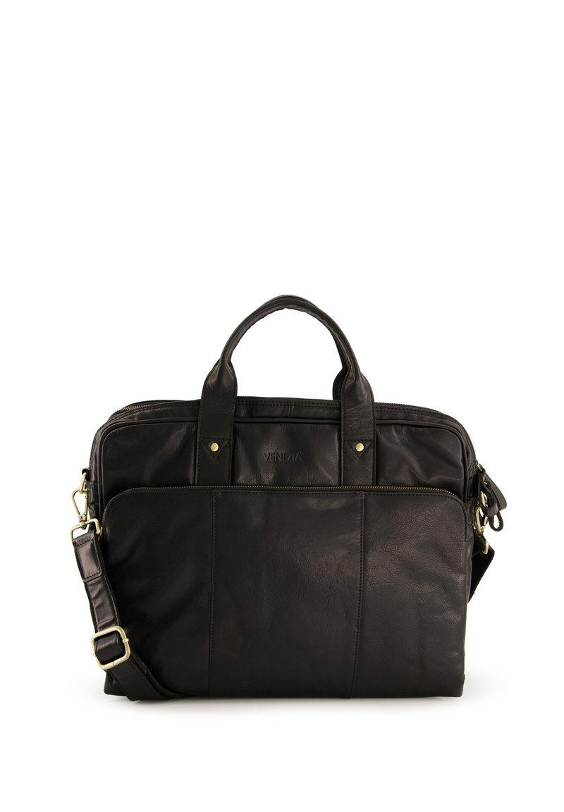 Sort læder laptop taske med dobbelte håndtag, justerbar skulderrem, forlommer og synlige syningsdetaljer. Udstyret med accenter i guld-tone.