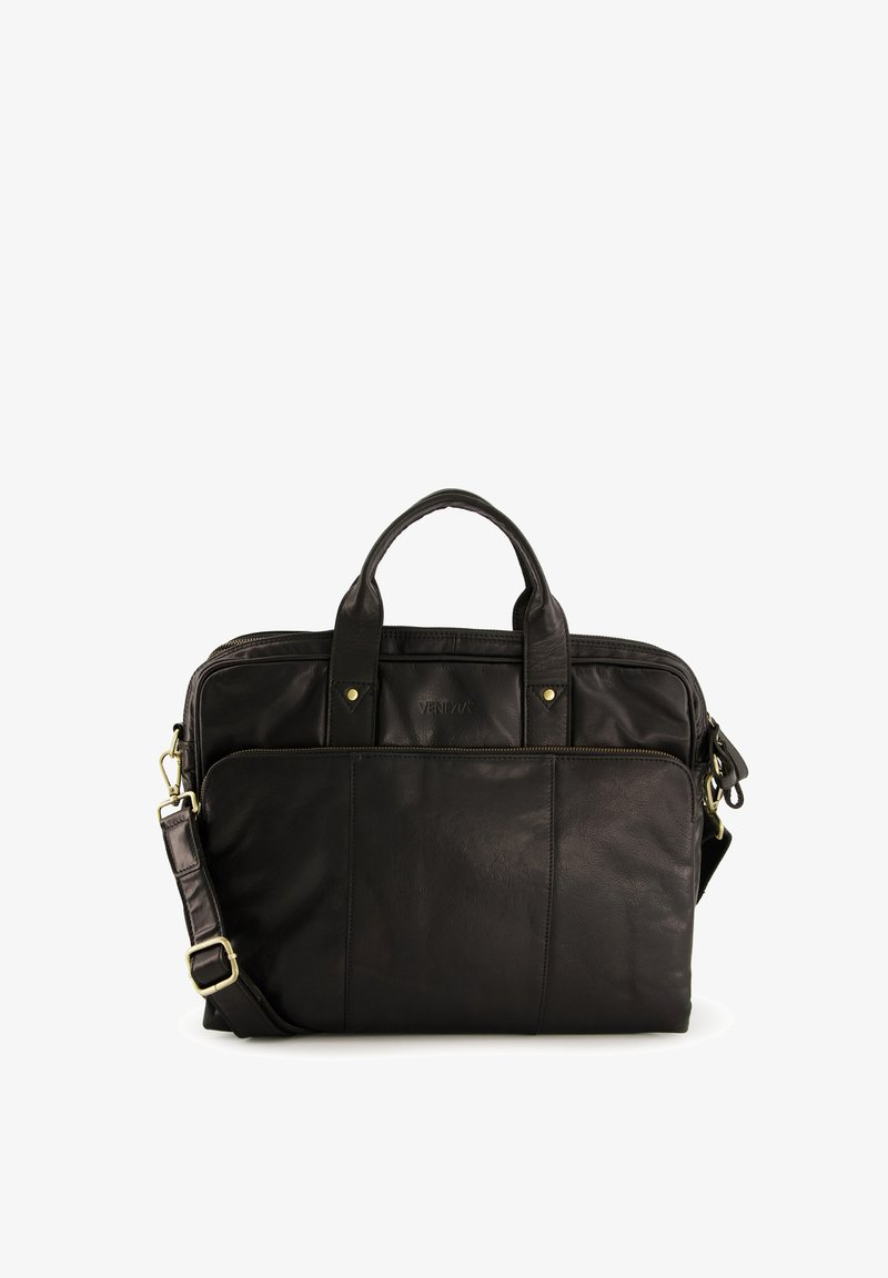 Sort læder laptop taske med dobbelte håndtag, justerbar skulderrem, forlommer og synlige syningsdetaljer. Udstyret med accenter i guld-tone.