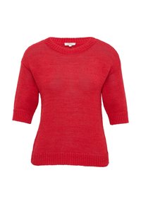 Roter Strickpullover mit rundem Halsausschnitt, kurzen Ärmeln und gerippten Bündchen und Saum. Hat eine strukturierte, leicht raue Oberfläche.