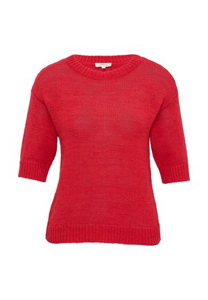 Maglione rosso a maglia con scollo rotondo, maniche corte e polsini e orlo a coste. Presenta una superficie testurizzata, leggermente ruvida.