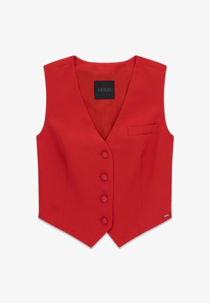 Chaleco sin mangas rojo con escote en V, cuatro botones frontales, pequeño bolsillo en el pecho y etiqueta de la marca Guess en el interior del cuello.