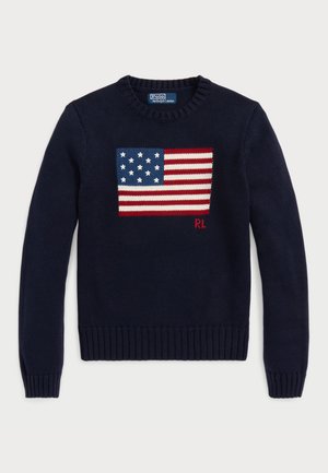 Granatowy sweter dzianinowy z tkaną grafiką amerykańskiej flagi na klatce piersiowej, z ściągaczami przy mankietach i u dołu. Metka marki na dekolcie.