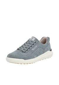 Gray suede sneakers with a rubber sole, featuring lace-up closure, perforated design accents, and a contrasting white midsole.