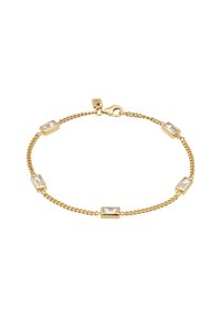 Guldkedjebracelet med rektangulära klara kristaller som växlar med öppna länkar, säkrad med en kräftklämma.