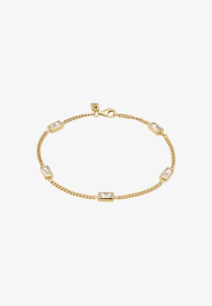 Bracelet en chaîne dorée avec des cristaux rectangulaires transparents alternant avec des maillons ouverts, sécurisé par un fermoir en forme de homard.