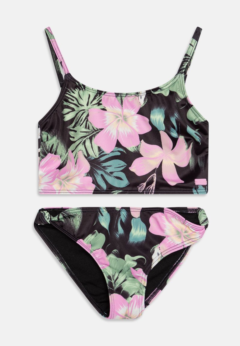 Schwarzes Blumen-Bikini-Set mit einem Cropped-Top, das mit pinken und grünen tropischen Prints verziert ist, und passenden Bottoms. Glattes Material mit verstellbaren Trägern.