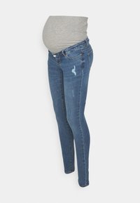 Vaqueros ajustados de maternidad en denim azul oscuro con banda de barriga de jersey. Presenta un ligero desgaste y un diseño ajustado.