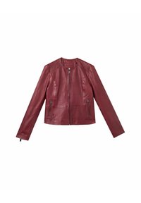 Burgundin nahkatakki pyöreällä kaula-aukolla, vetoketjusuljenta, pitkät hihat ja kaksi etuviimeistellyllä vetoketjupussilla. Pehmeä pinta ja muotoiltu malli.