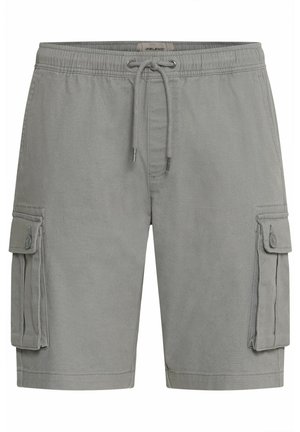 Szare szorty cargo wykonane z mieszanki bawełny, z dwiema bocznymi kieszeniami oraz elastycznym pasem na sznurku, umożliwiającym regulację dopasowania.