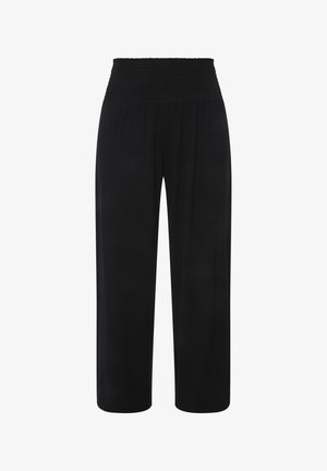 Schwarze weit geschnittene Hose mit einem gesmokten Bund, aus weichem Stoff gefertigt. Sie hat eine lockere Passform und einen fließenden Fall, geeignet für die Freizeit.