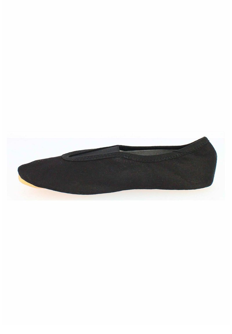 Zwarte balletschoen van stof, met een ronde neus en een elastische opening, met een textuur bovenkant en een lichte zool.