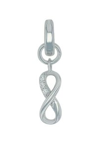 Pendente in argento con un design a infinito, finitura texture e una fila di piccole pietre trasparenti su un lato.