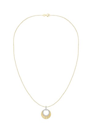 Collana sottile in oro con un pendente rotondo con raggi dorati e accenti argento con piccole pietre trasparenti.