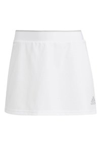 Falda deportiva blanca con textura suave, cinturilla elástica y un sutil diseño acanalado. Presenta un pequeño logo gris en la parte inferior derecha.