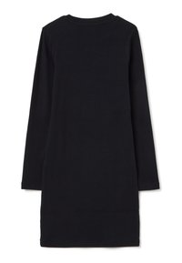 Schwarzes langärmliges Kleid aus geripptem Stoff mit einem runden Halsausschnitt und einem geraden Schnitt, der knapp über dem Knie endet.