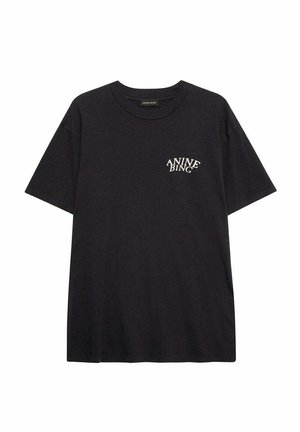 Camiseta de algodón negra con mangas cortas y cuello redondo. Presenta el texto blanco "ANINE BING" impreso en el área del pecho izquierdo.