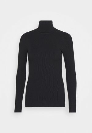 Pullover preto de gola alta com riscas, apresentando mangas longas e um corte justo. A textura é suave com um padrão de riscas horizontais.