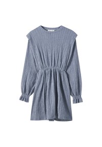Vestido mini de manga larga texturizado en azul con cintura fruncida, puños con volantes y hombros acolchados.