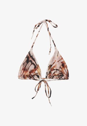 Haut de bikini triangle avec motif tie-dye brun, noir et beige, avec liens au cou et dans le dos, sur fond blanc.
