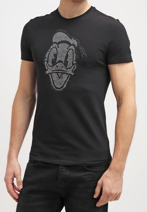 Maglietta nera a maniche corte con una grafica testurizzata di Paperino in strass sul davanti. Tessuto liscio con design aderente.