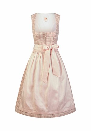 Mouwloze jurk met roze geruit lijfje, een rits aan de voorkant en een lichtroze satijnen schort dat in een strik op de taille is gebonden.
