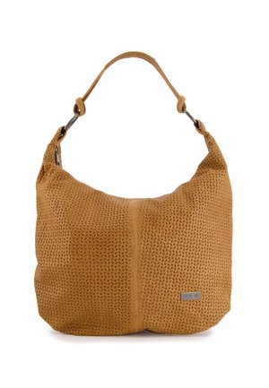 Tan geweven handtas met een slouchy vorm, voorzien van een vlak, textuur oppervlak en een enkele schouderriem. Kleine metallic logo accent.