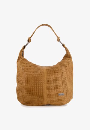 Tan woven handbag with a slouchy shape, featuring a flat, textured surface and a single shoulder strap. Small metallic logo accent.