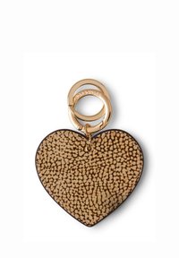 Heart-shaped keychain in textured beige leather with a brown speckled pattern, attached to a gold-tone metal ring featuring branding.