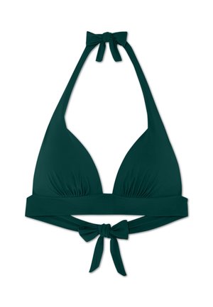 Top bikini verde scuro con design triangolare, con allacciatura regolabile dietro il collo e banda larga. Presenta lacci al collo e sulla schiena per una vestibilità sicura.