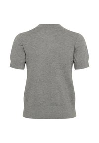 Grauer Kurzarmpullover, weiche Textur, runder Ausschnitt, taillierte Form, glatte Oberfläche, gerippter Saum und Bündchen, keine sichtbaren Muster oder Verzierungen.