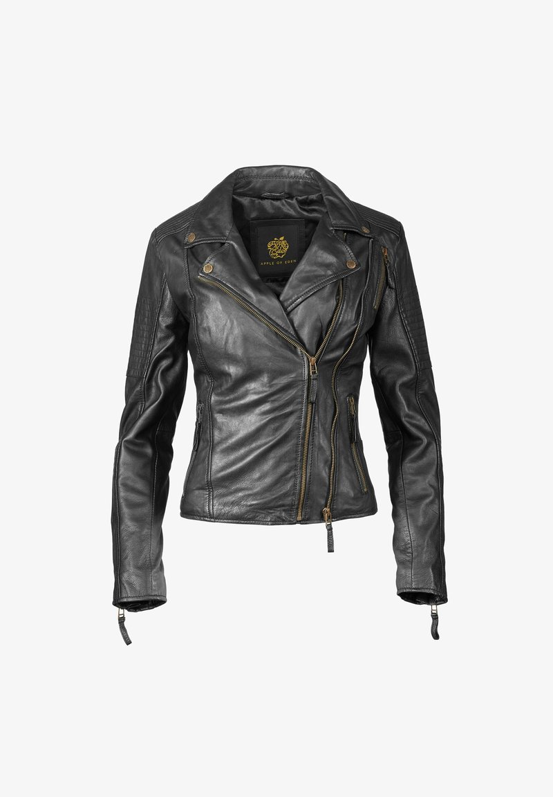 Schwarze Leder-Motorradjacke mit silbernen Reißverschlüssen, asymmetrischem Vorderverschluss, gesteppten Schulterakzenten und langen, taillierten Ärmeln.