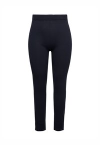 Granatowe legginsy z gładkiego, elastycznego materiału. Posiadają średniej wysokości elastyczny pasek w talii oraz dopasowany krój nogawek. Brak widocznych wzorów lub akcentów.