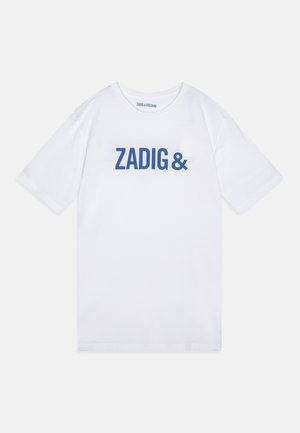 T-shirt en coton blanc avec un graphisme bleu audacieux "ZADIG &" imprimé sur le devant. Col rond classique et manches courtes.